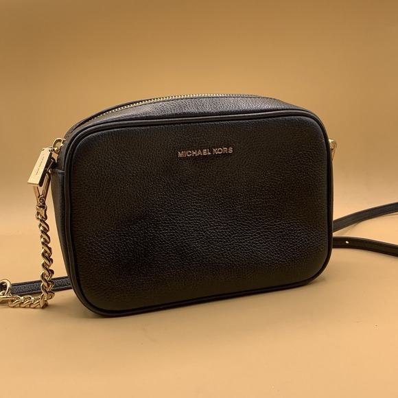 Michael Kors Handbags - MICHAEL KORS Womens Jet Set Crossbody Bag Purse Black Leather Gold MK Logo